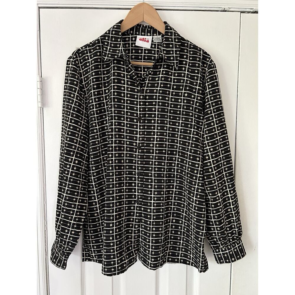 Vintage 80s Geometric Grid Blouse Women’s 14 Black Cream 50s Atomic Mod